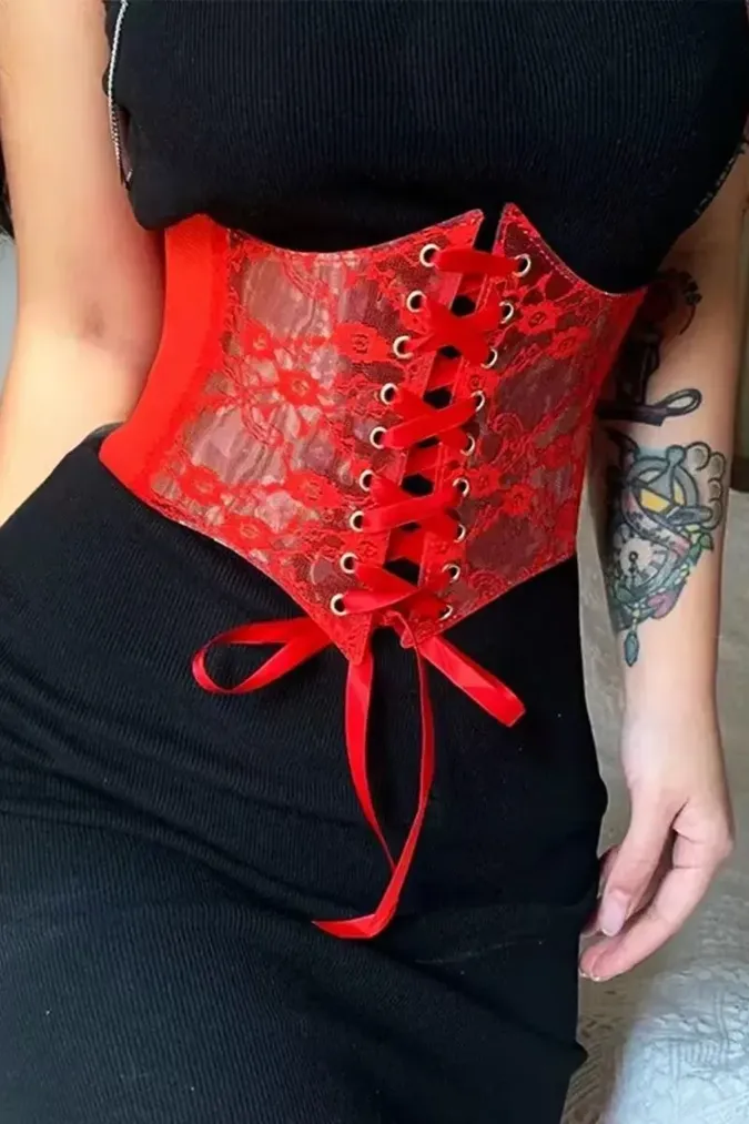 Red Lace Overlay Corset Belt - Image 1