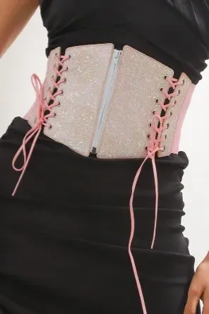Light Pink Glitter Pu Corset Belt - Image 1