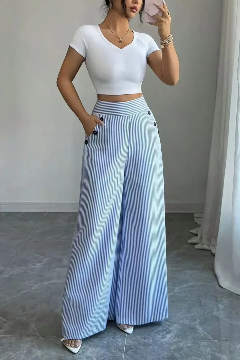 Light Blue High-Rise Striped Pants