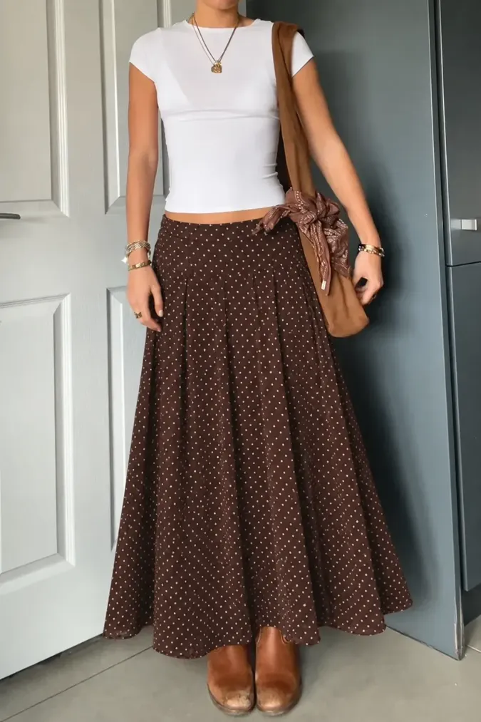 Brown Mid Rise Polka Dot Maxi Skirt - Image 1