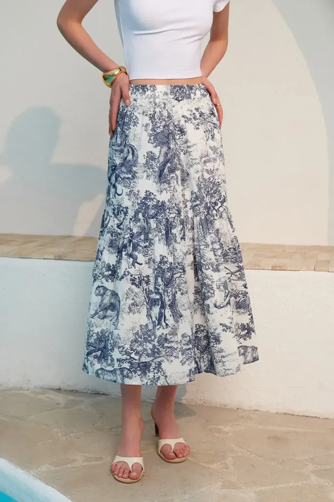 Blue Printed Tiered Midi Skirt - Image 1