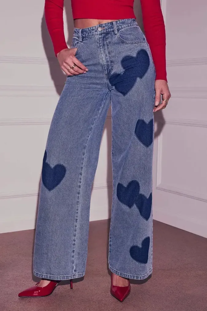Blue Applique Heart Wide-Leg Jeans - Image 1