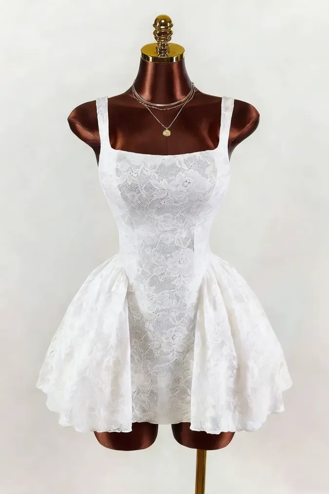 White Lace-Insert Mini Dress - Image 1