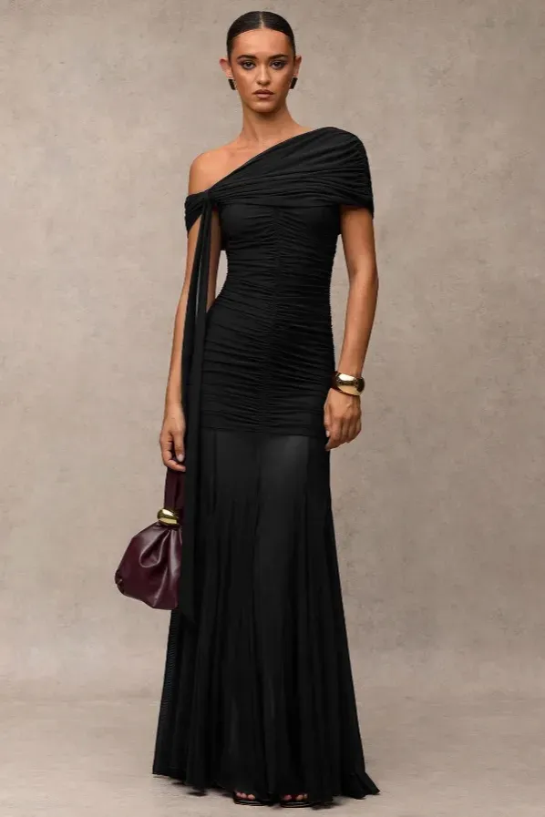 Black Ruched One-Shoulder Maxi Dress - Image 1