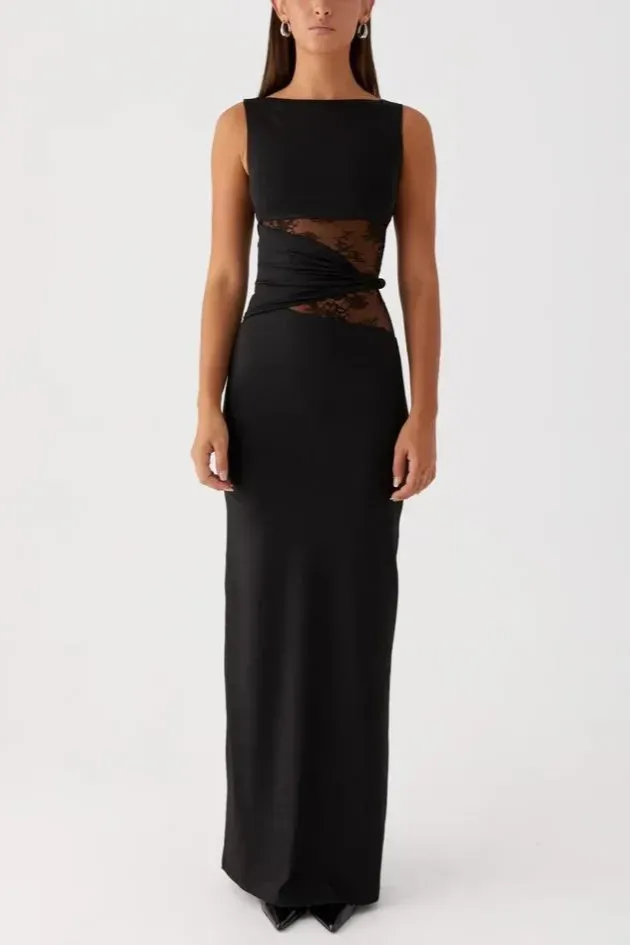 Black Lace-Insert Maxi Dress - Image 1