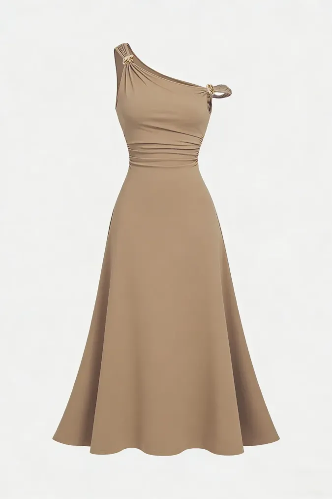 Khaki One-Shoulder Midi Dress - Image 1