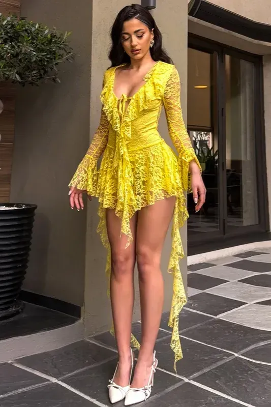 Yellow Lace Plunge Wrap Dress - Image 1