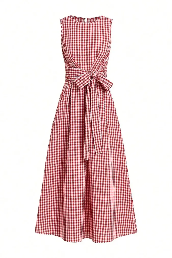 Red Gingham Crew Neck Maxi Dress - Image 1