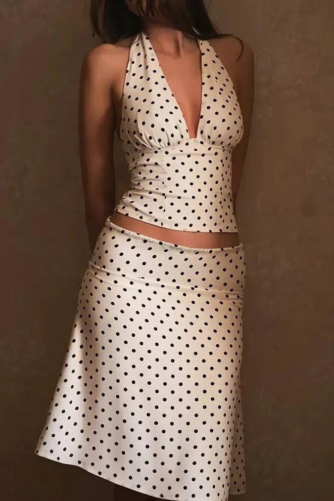 White Halter Polka Dot Co-Ords Set - Image 1