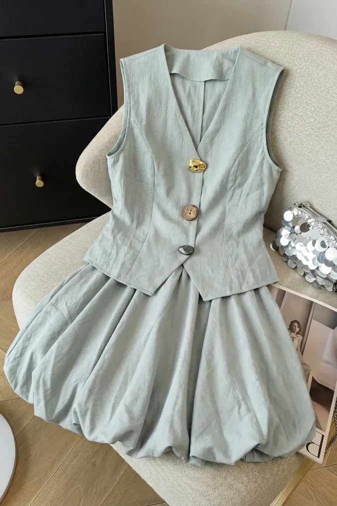 Light Blue V-Neck Balloon Co-Ord Set - Image 1