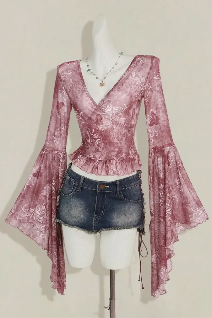 Pink Floral V-Neck Ruffled Top - Image 1