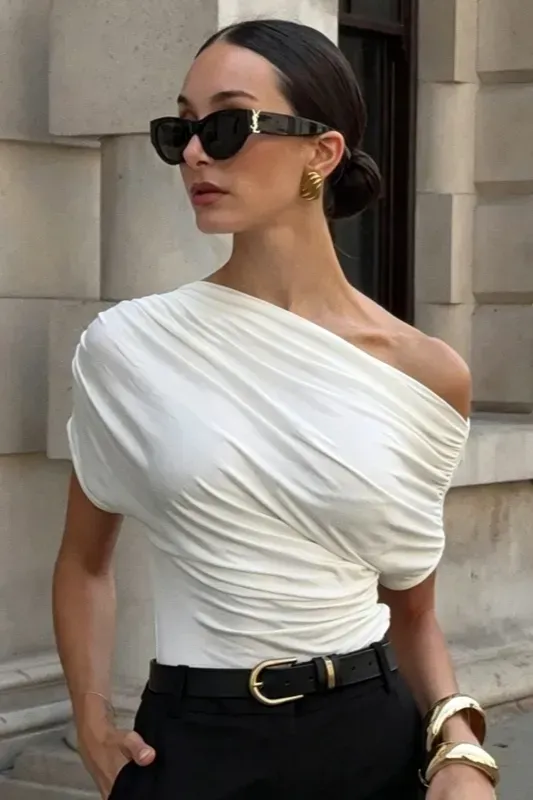 White Draped One-Shoulder Top - Image 1