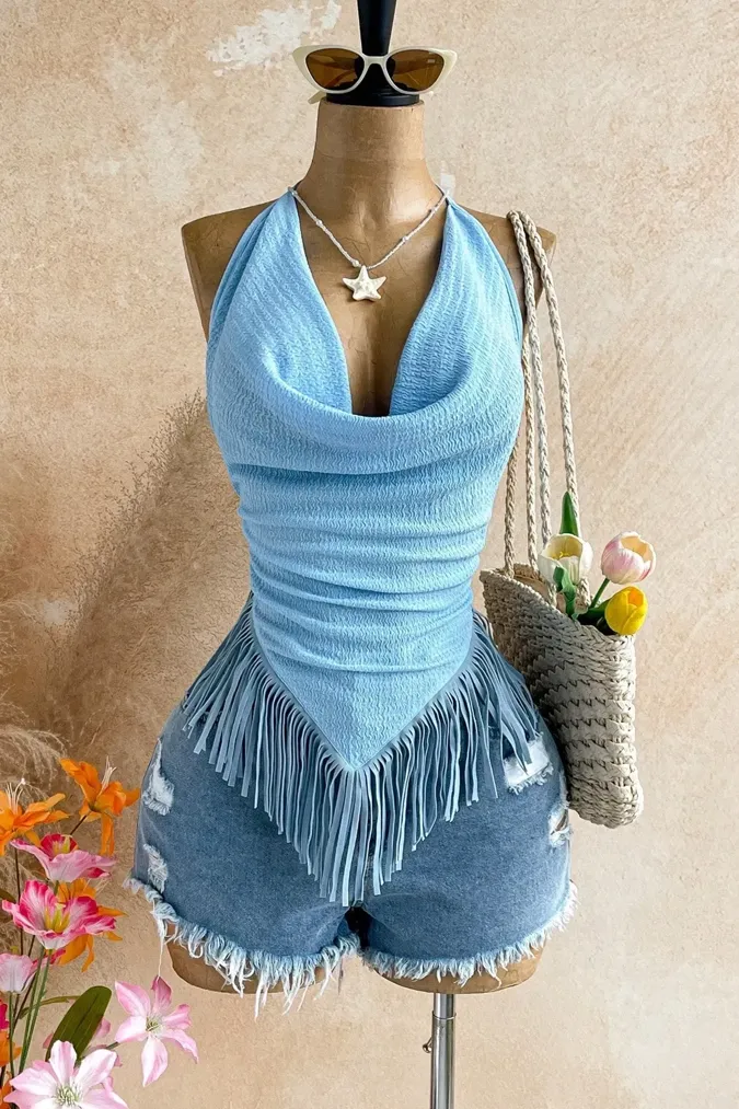 Light Blue Fringe Halter Neck Top - Image 1
