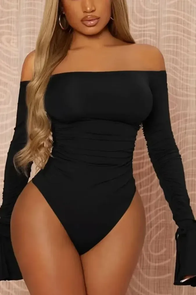 Black Ruched Off-Shoulder Bodysuit - Image 1