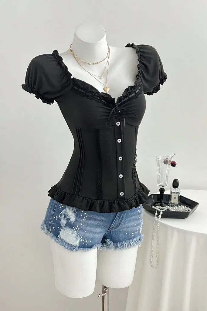 Black Sweetheart Neck Top - Image 1