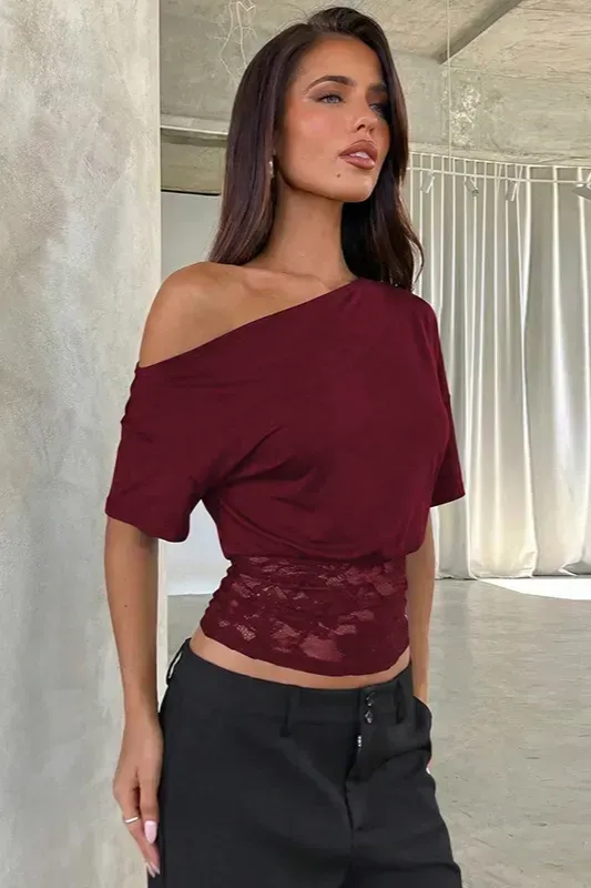 Wine Lace One-Shoulder Crop Top - Image 1