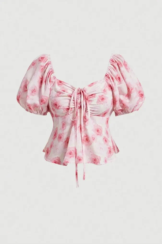 Light Pink Floral Puff Sleeve Top - Image 1