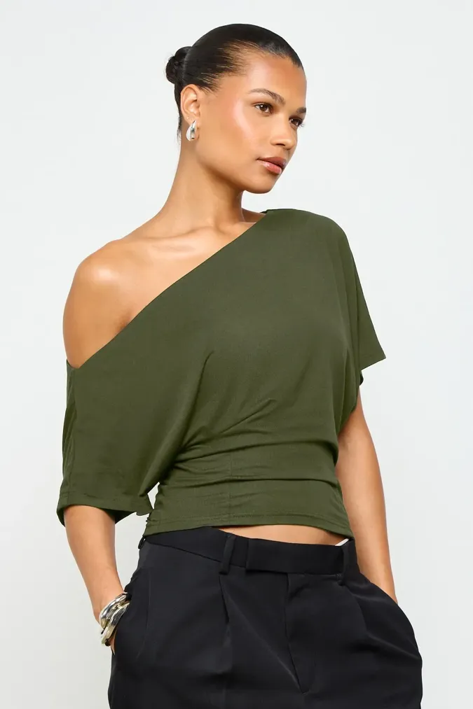 Olive One-Shoulder Crop T-Shirt - Image 1
