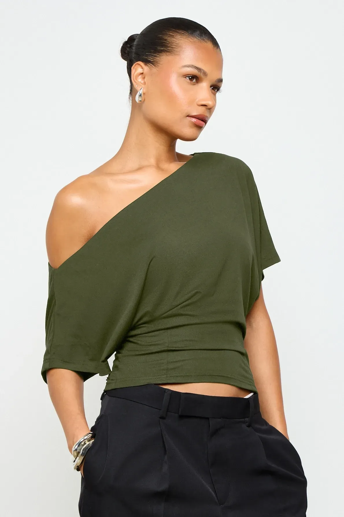 Olive One-Shoulder Crop T-Shirt