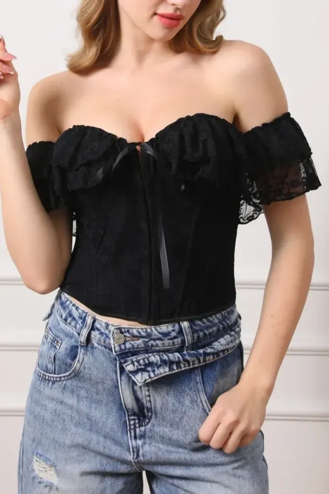 Black Lace Overlay Crop Top - Image 1