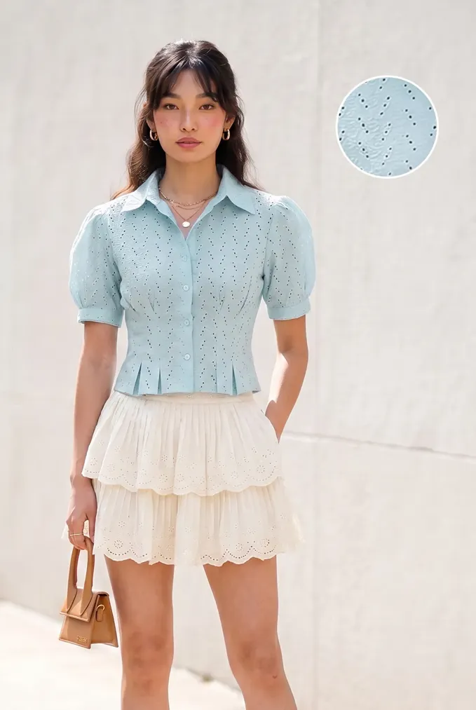 Blue Schiffli Cotton Crop Shirt - Image 1