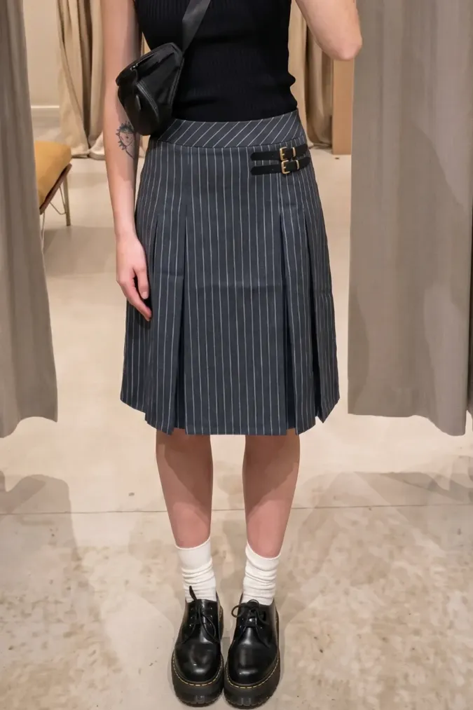 Grey Pleated Striped Midi Skirt - Image 1