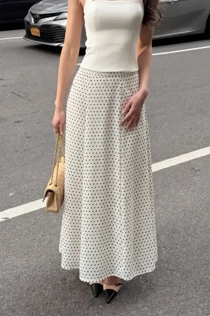 White Mid Rise Polka Dot Maxi Skirt - Image 1