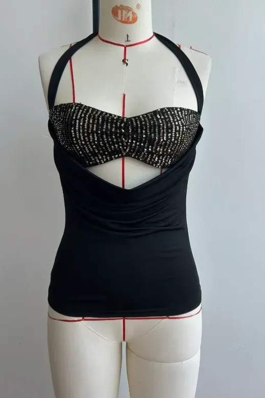 Black Sequin Halter Neck Top - Image 1
