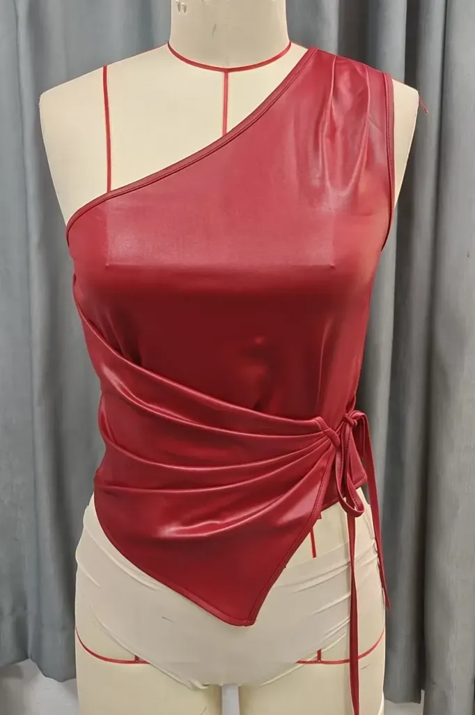 Red One Shoulder Tie Up Pu Top - Image 1