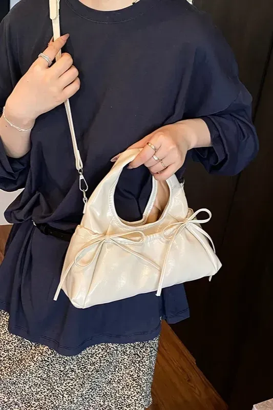 Cream Solid Ribbon Satchel Bag - Image 1