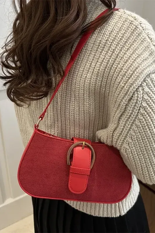 Red Solid Suede Shoulder Bag - Image 1