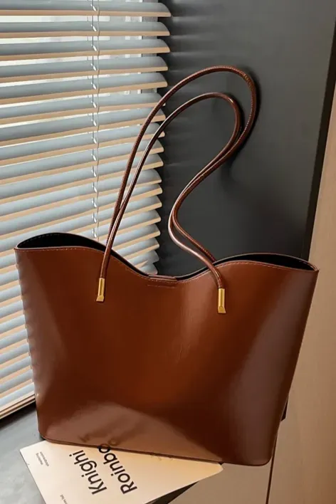 Brown Solid Pu Tote Bag - Image 1