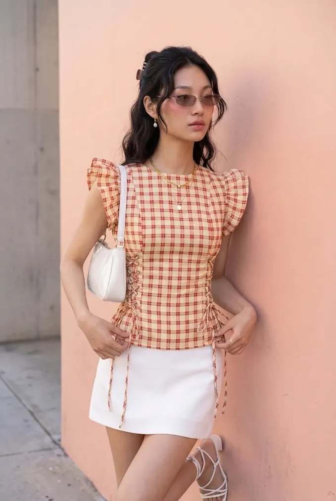 Peach Gingham Tie-Up Top - Image 1