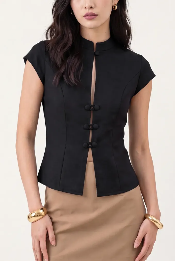 Black Solid Cap Sleeves Top - Image 1