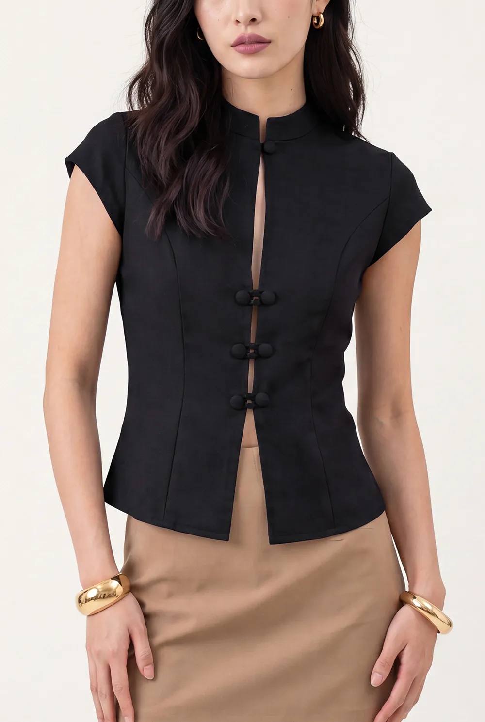 Black Solid Cap Sleeves Top