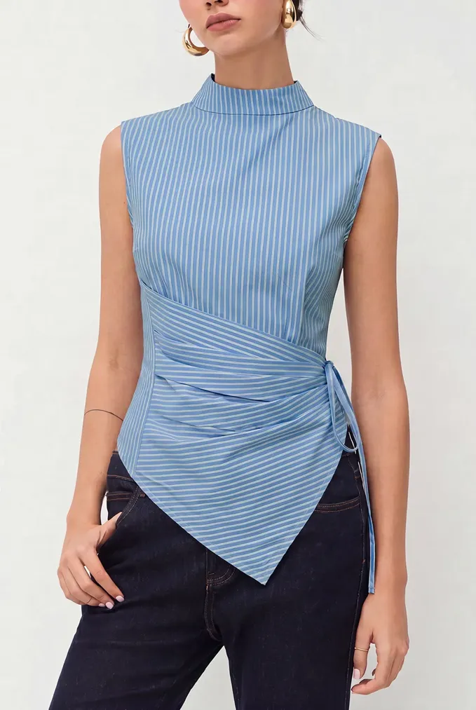 Blue Solid Asymmetric Tie-Up Top - Image 1