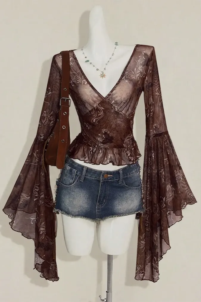 Brown Floral V-Neck Ruffled Top - Image 1
