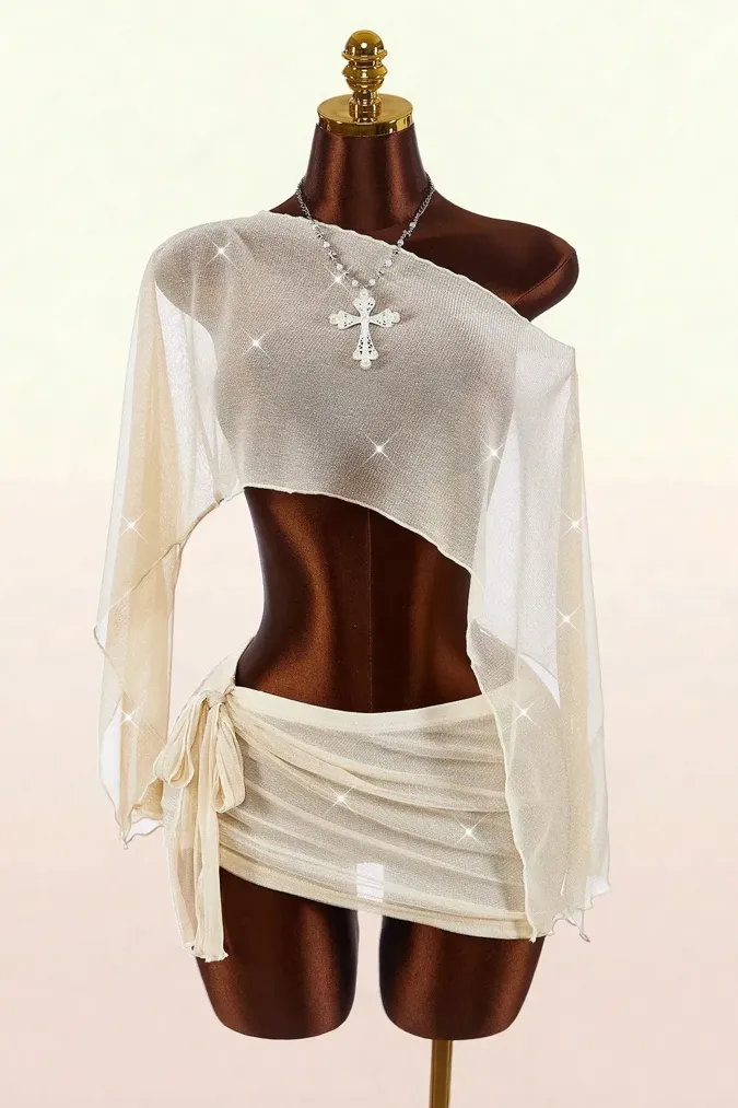 Cream One Shoulder Crop Co-Ord Set - Image 1