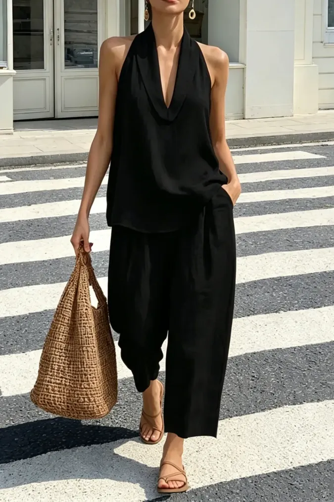 Black Halter Neck Co-Ord Set - Image 1