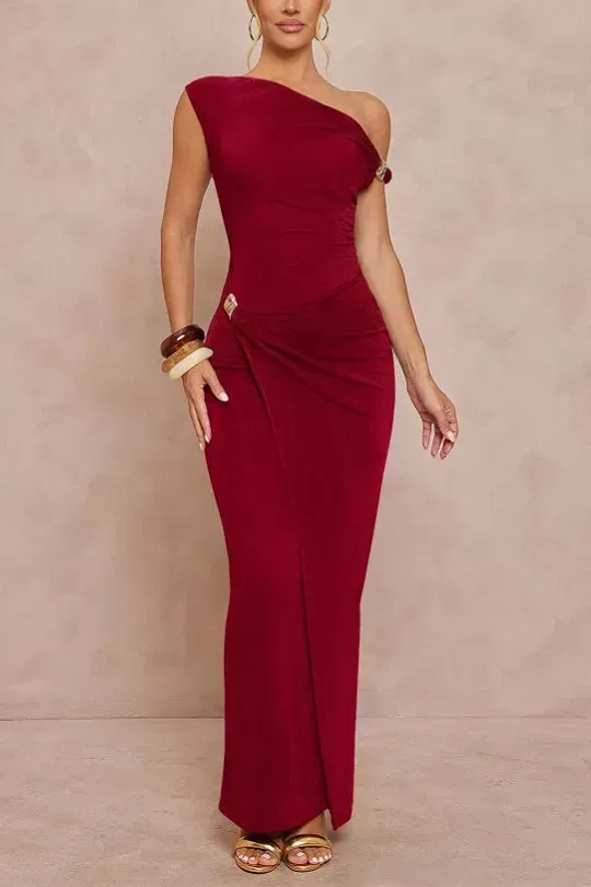 Red One Shoulder Draped Maxi Dress - Image 1