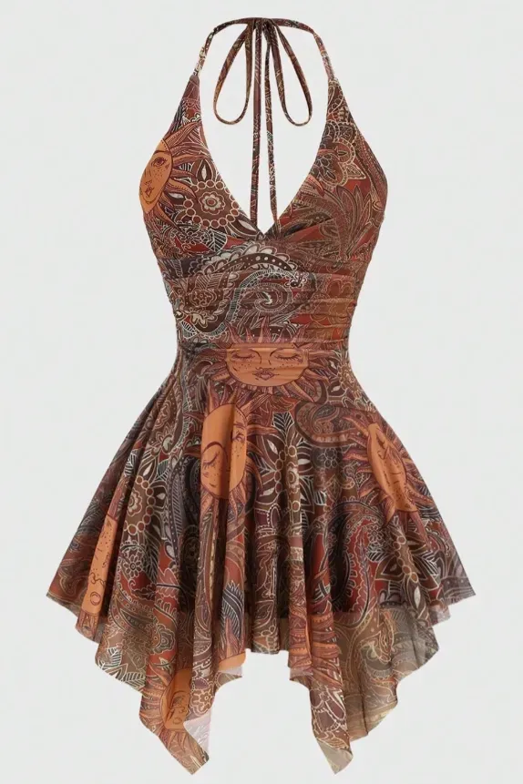 Brown Paisley Halter Mini Dress - Image 1