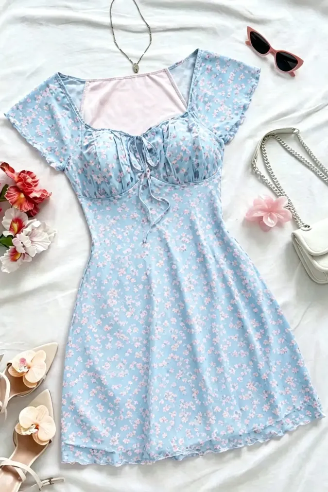 Light Blue Floral Mini Dress - Image 1