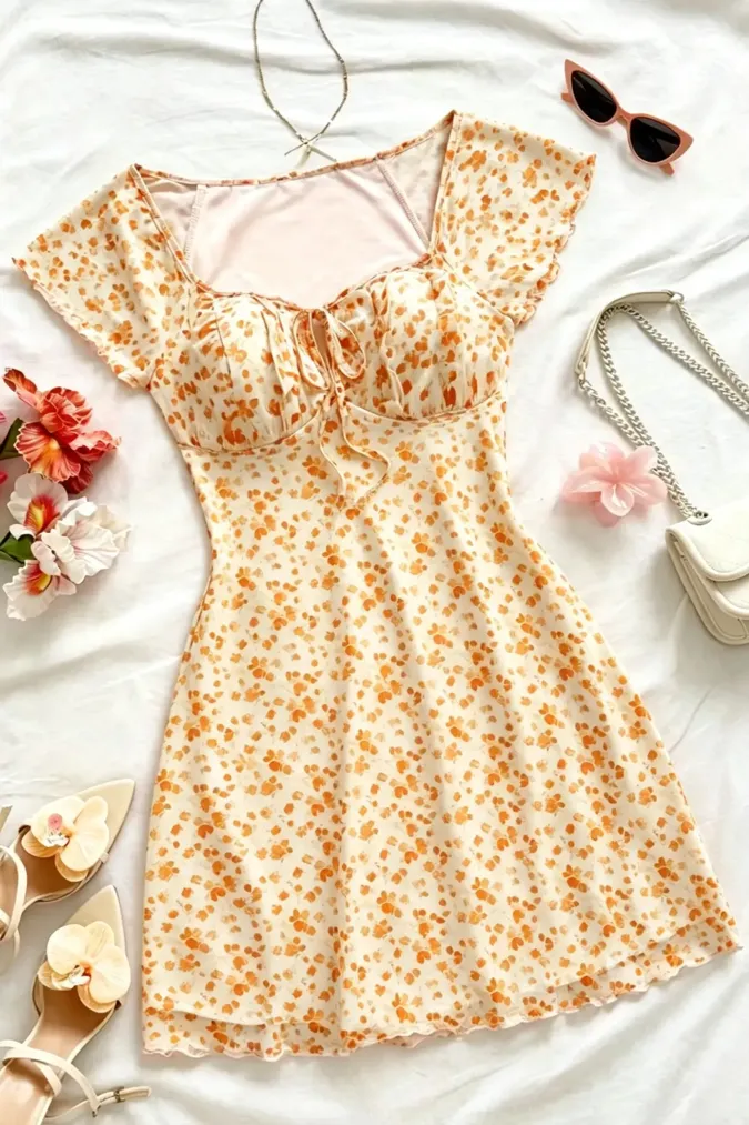 Orange Floral Semi-Sweetheart Mini Dress - Image 1