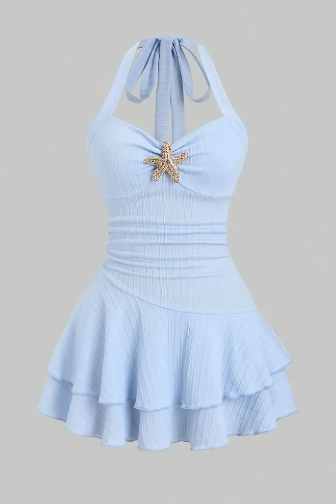 Light Blue Embellished Halter Mini Dress - Image 1