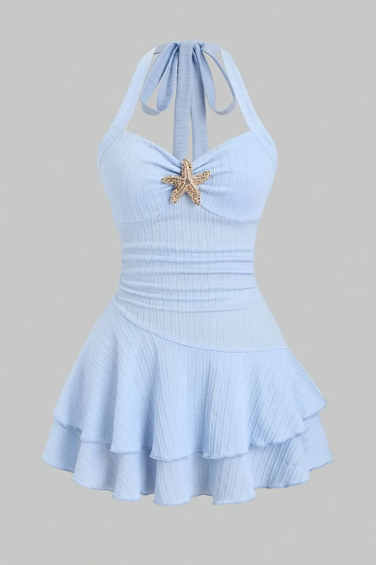 Light Blue Embellished Halter Mini Dress