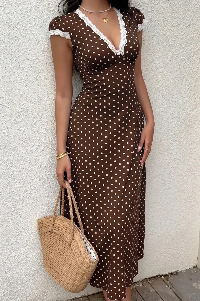 Brown Polka Dot Lace Midi Dress - Image 1