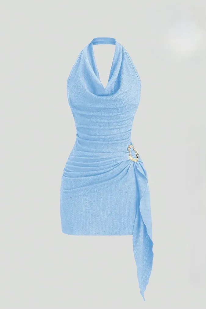 Light Blue Ruched Halter Mini Dress - Image 1