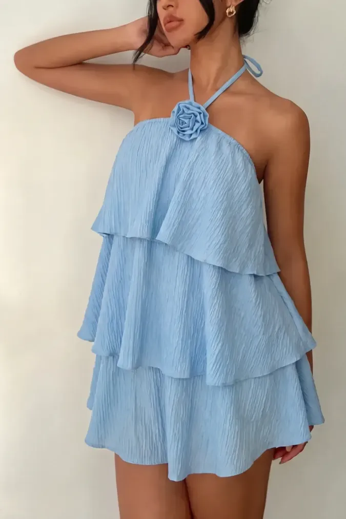 Light Blue Tiered Halter Mini Dress - Image 1
