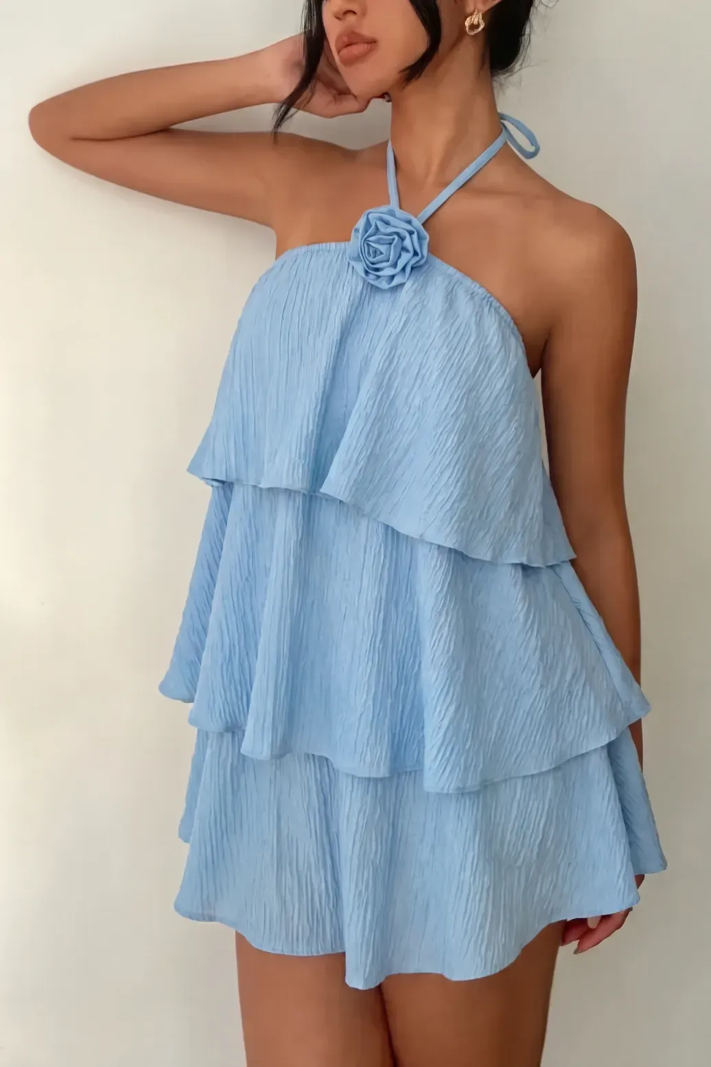 Light Blue Tiered Halter Mini Dress