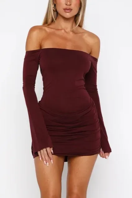 Maroon Ruched Off Shoulder Mini Dress - Image 1